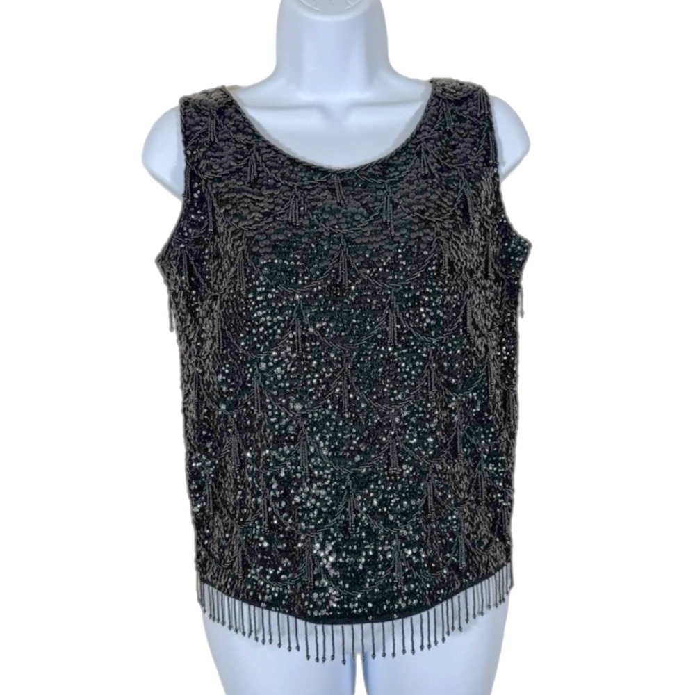 Vintage Imperial Imports Hand Beaded Sleeveless Top S Scallop Design Black